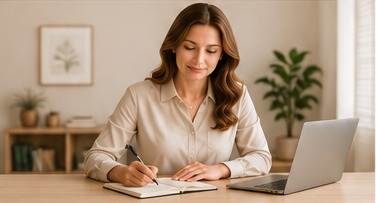 Dr. Anna Petrova writing notes at her desk